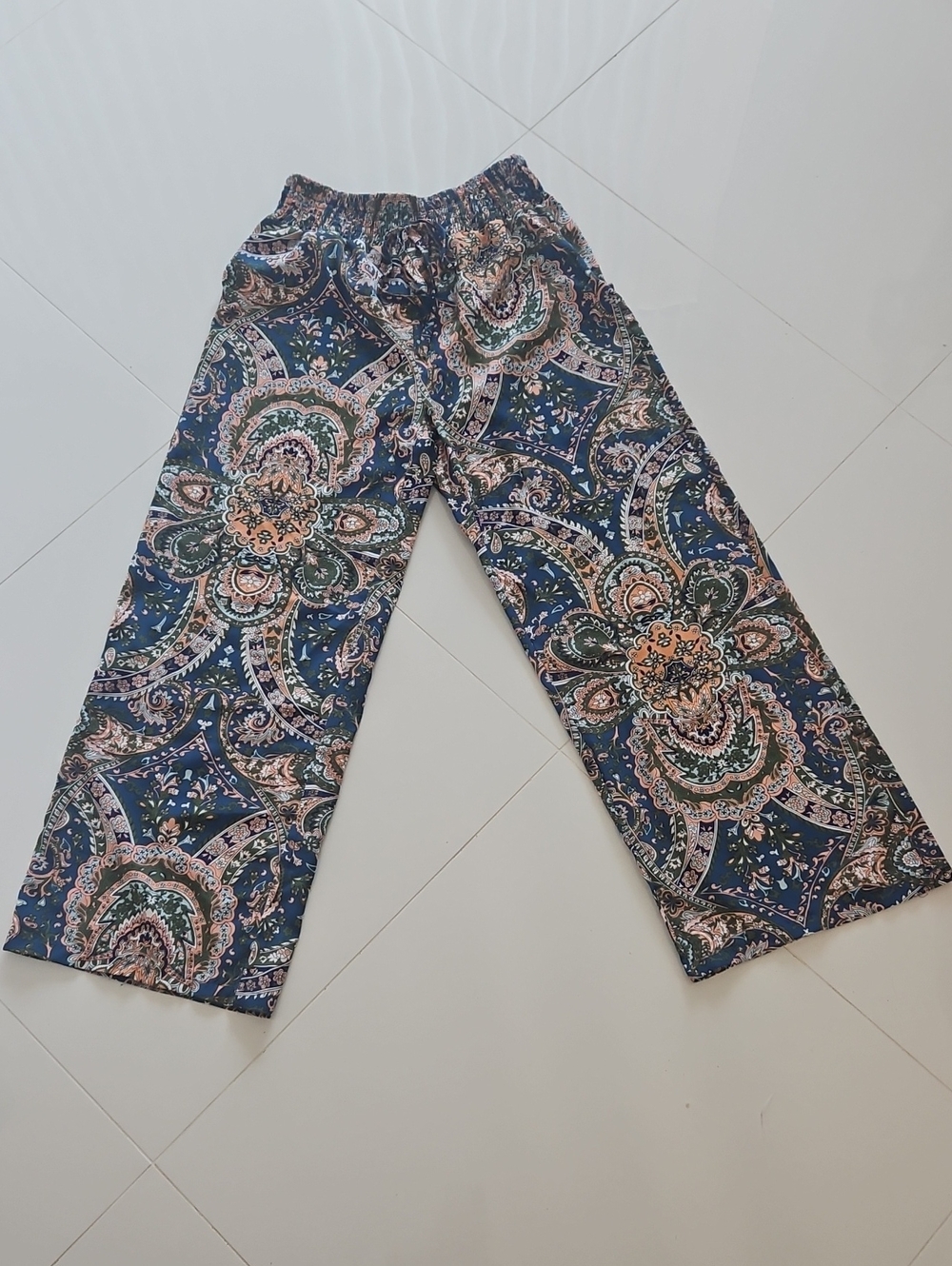 SHEIN Navy Paisley-Print Palazzo Pants with Green & Cream Accents